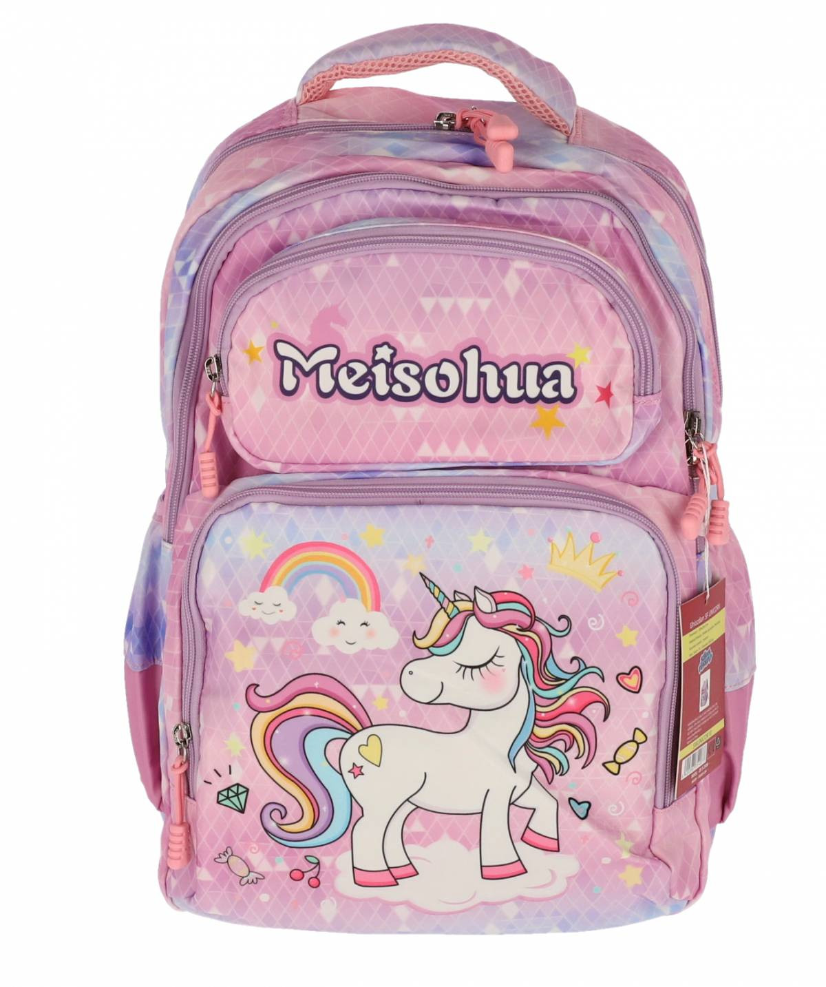 Ghiozdan scolar Meisohua Unicorn Rainbow, 3 compartimente, maner transport, roz pastel - imagine 4